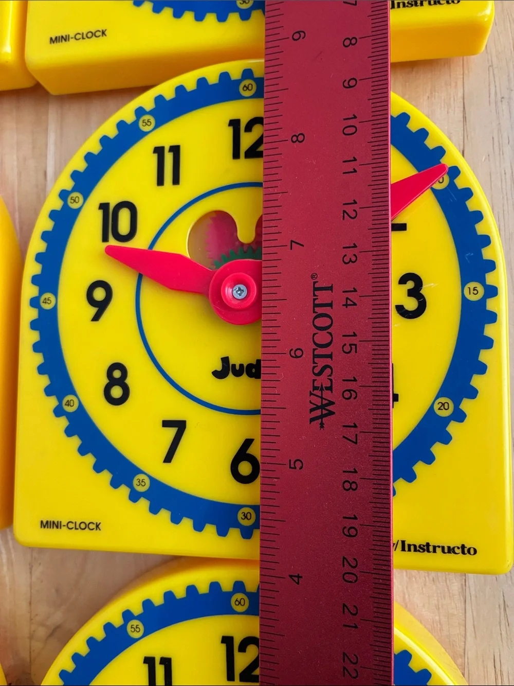 Kids Learning Clocks lot of 6 Yellow w/  Red Hands Judy/Instructo about 5 in tal
